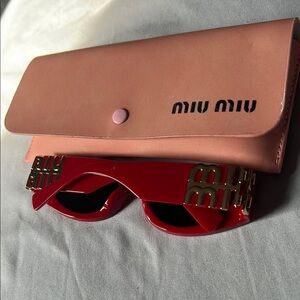 Miu Miu Red Crystal Embellished Sunglasses with Pink Case